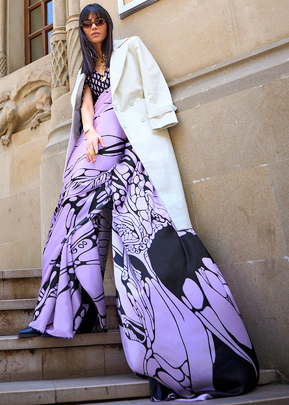 Trendy Lavender Abstract Printed Satin Saree
