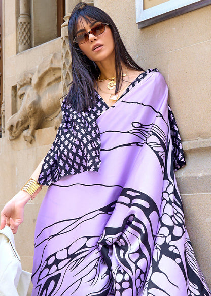 Trendy Lavender Abstract Printed Satin Saree